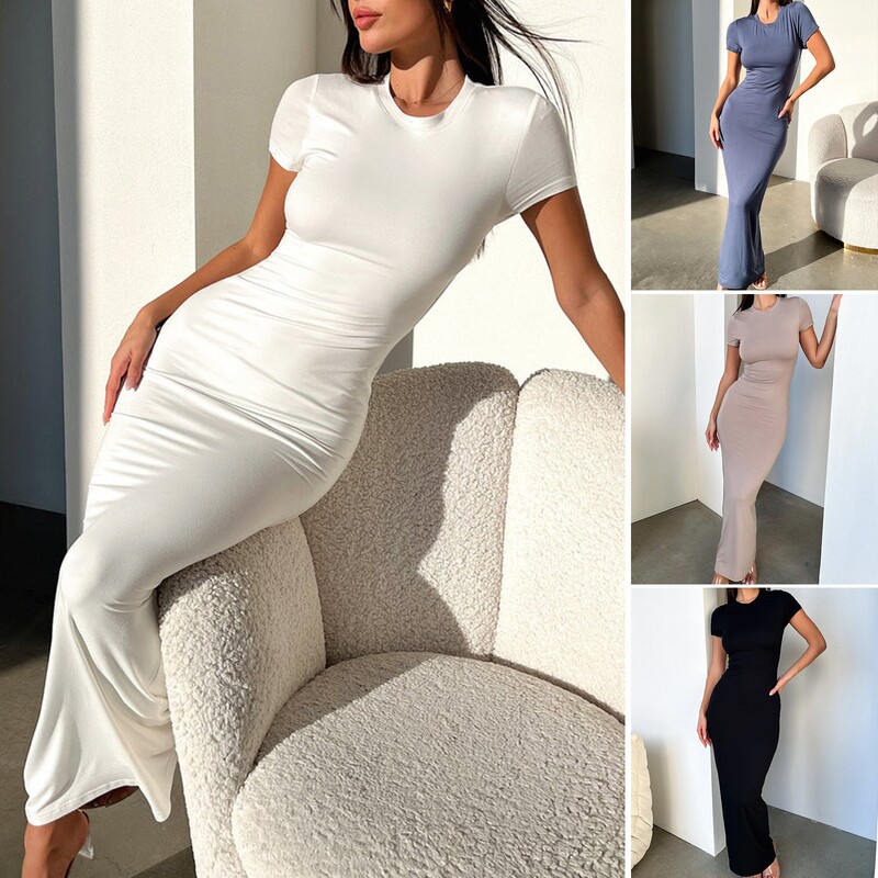 Amazon European and American women's clothing 2024 spring and summer foreign trade solid color temperament slim short sleeve dress