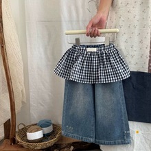 韩系女童春秋新款叠穿格纹牛仔裤复古设计感可拆卸小女孩两件套裤