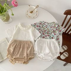 Summer 2023 Newborn Set Baby Infant Short Pants with Floral Pattern, Lace Edge, Korean Style, 2-Piece Set with Fringe