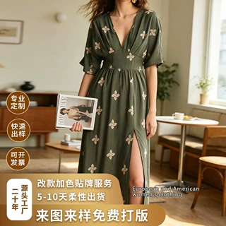欧美外贸女士优雅法式复古深V领连衣裙 性感印花开衩连衣裙厂家夏