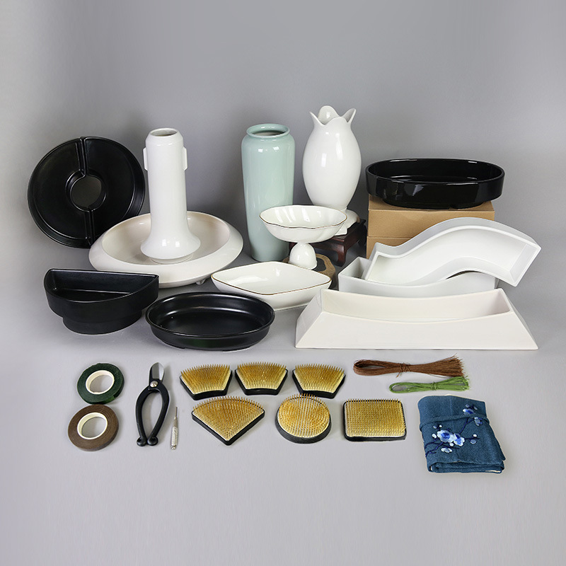 Complete Set of Flower Vases, Zen Japanese Flower Arrangement Utensils, Ceramic Sword Mountain Base, Flower Pots and Flower Trays