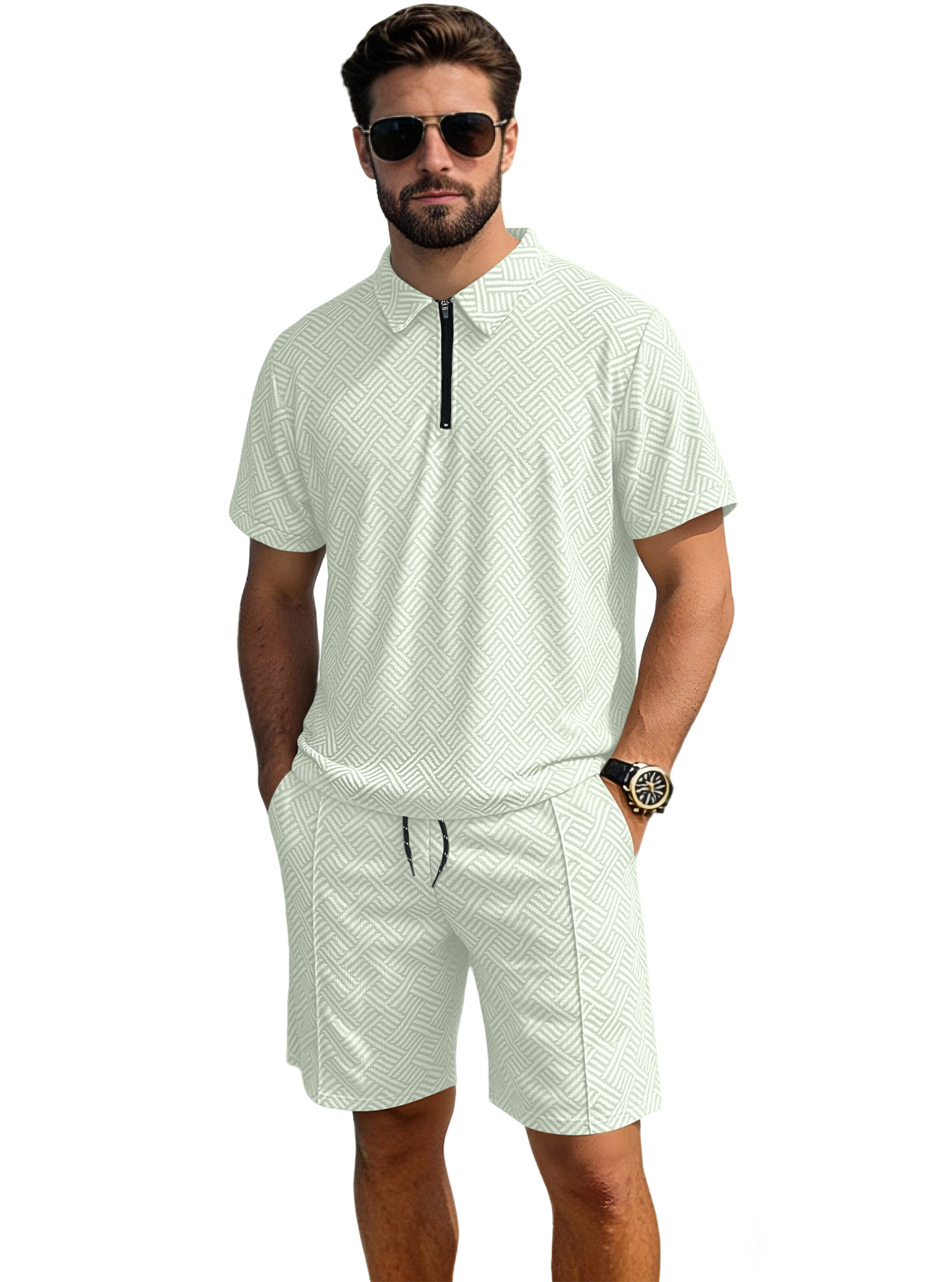 Verano transfronterizo nuevo hombre venta de cremallera manga corta polo vacaciones ocio comercio exterior manga corta set
