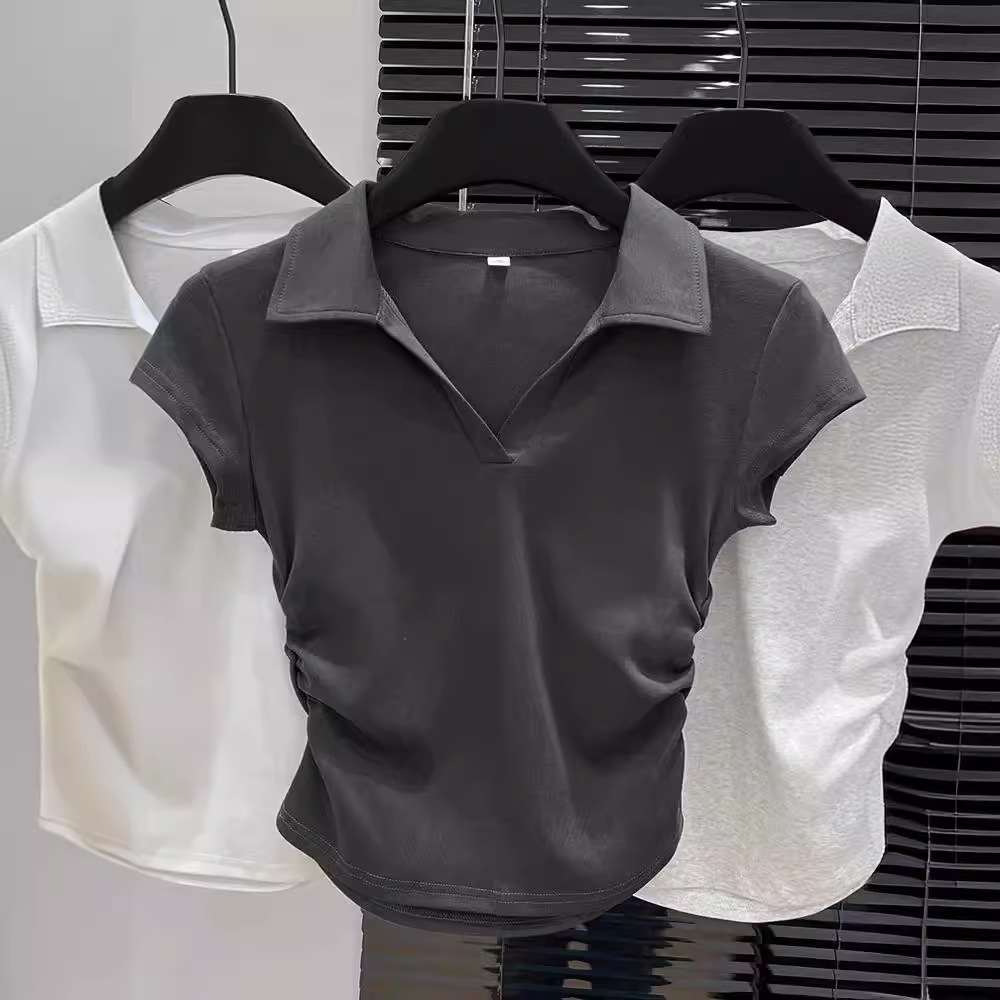 Women's Clothing Slim Fit Polo Collar Top Short Sleeve Ruched V Neck Grey T-Shirt Stylish Fitted Hot Girl Look Summer_voghion.com