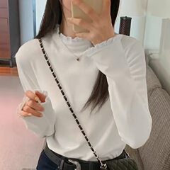 立领蕾丝花边打底衫秋冬双面加绒木耳边针织衫女百搭修身显瘦上衣