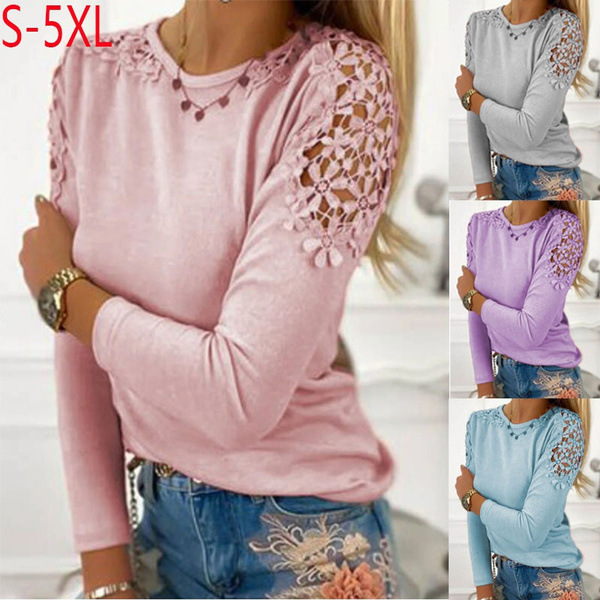 European and American Cross-Border 2024 Autum New Amazon Southeast Asia Pure Color Slim Lace Cut Out Long-Sleeved T-Shirt in Stock