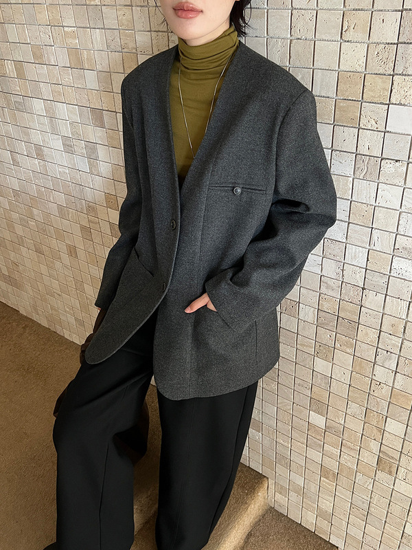 MMC DITION毛呢西装外套女秋冬新款v领垫肩高级感羊毛休闲小西服|undefined