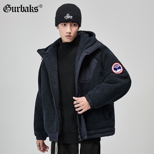 GURBAKS Autumn and Winter New Lamb Wool Coat Men's Fleece Thick Cotton Clothes Winter Clothes with Hat Clip Cotton Jacket