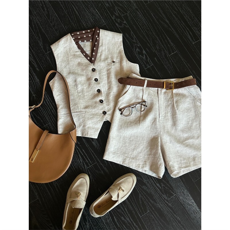 Shenzhen Nanyou Super Popular Summer Outfit Set, Elegant and Chic, Original Color Linen Vest and Shorts Set