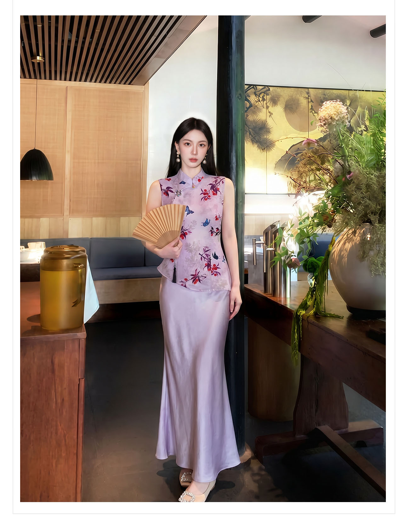 Áo gile nữ cổ đứng không tay họa tiết thêu hoa văn quốc phong — màu tím chi tiết 12