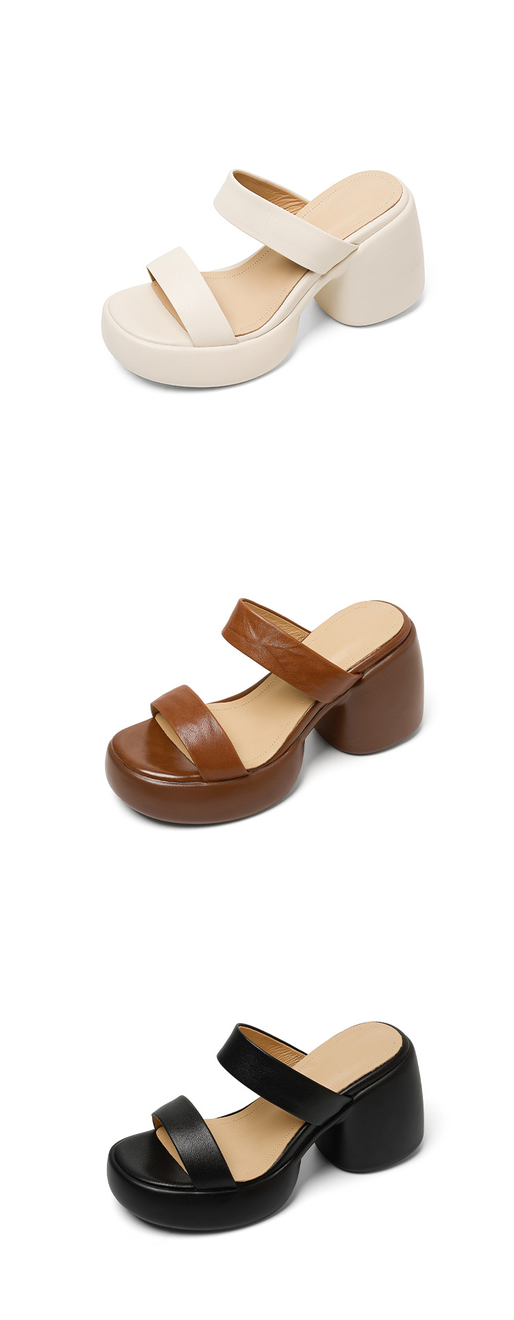 Sandal cao gót nữ quai ngang hở mũi đế xuồng gót vuông 9 cm — màu nâu, màu đen, màu trắng ngà chi tiết 18
