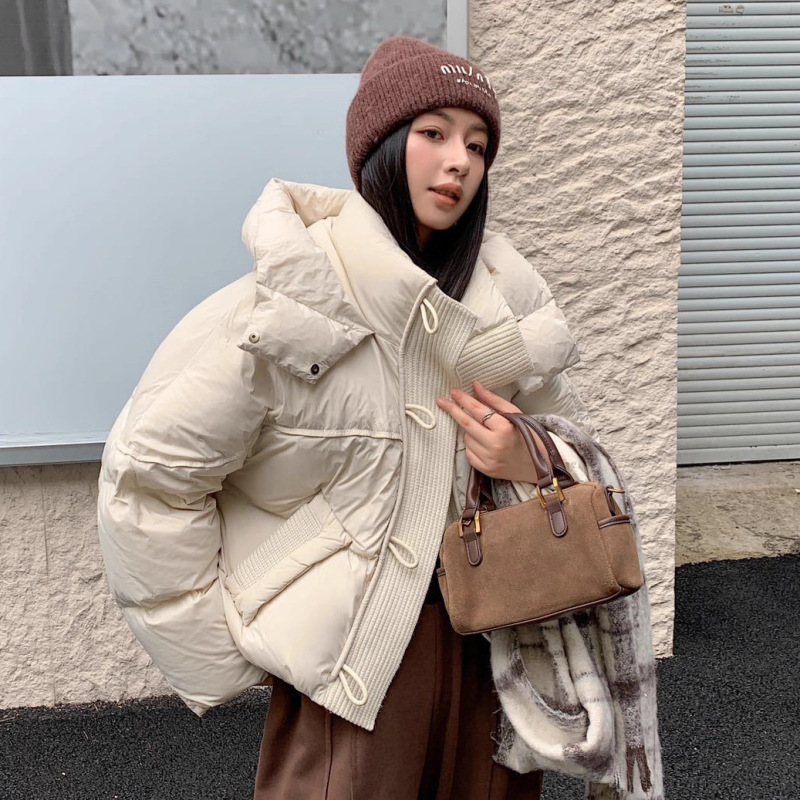 韩版时尚短款加厚白鸭绒面包服女2025新款针织拼接保暖羽绒服外套|undefined