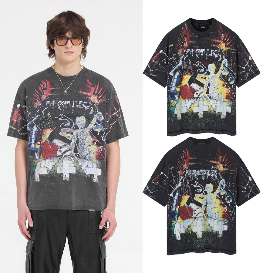Represent Metallica Tombstone Retro Americano Libertad Impresión Suelta Camiseta de mangas cortas