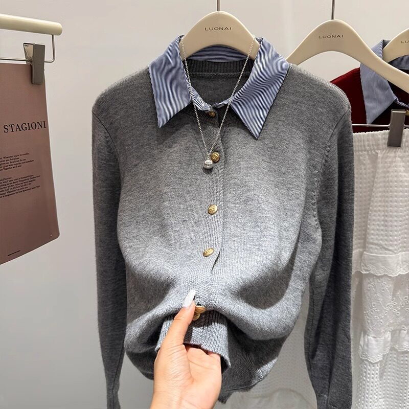 Women's spring and autumn slim-fit knit cardigan with shirt collar and fake two-piece design, suitable for petite figures, 26 new styles Women's spring and autumn slim-fit knit cardigan with shirt collar and fake two-piece design, suitable for petite figures, 26 new styles