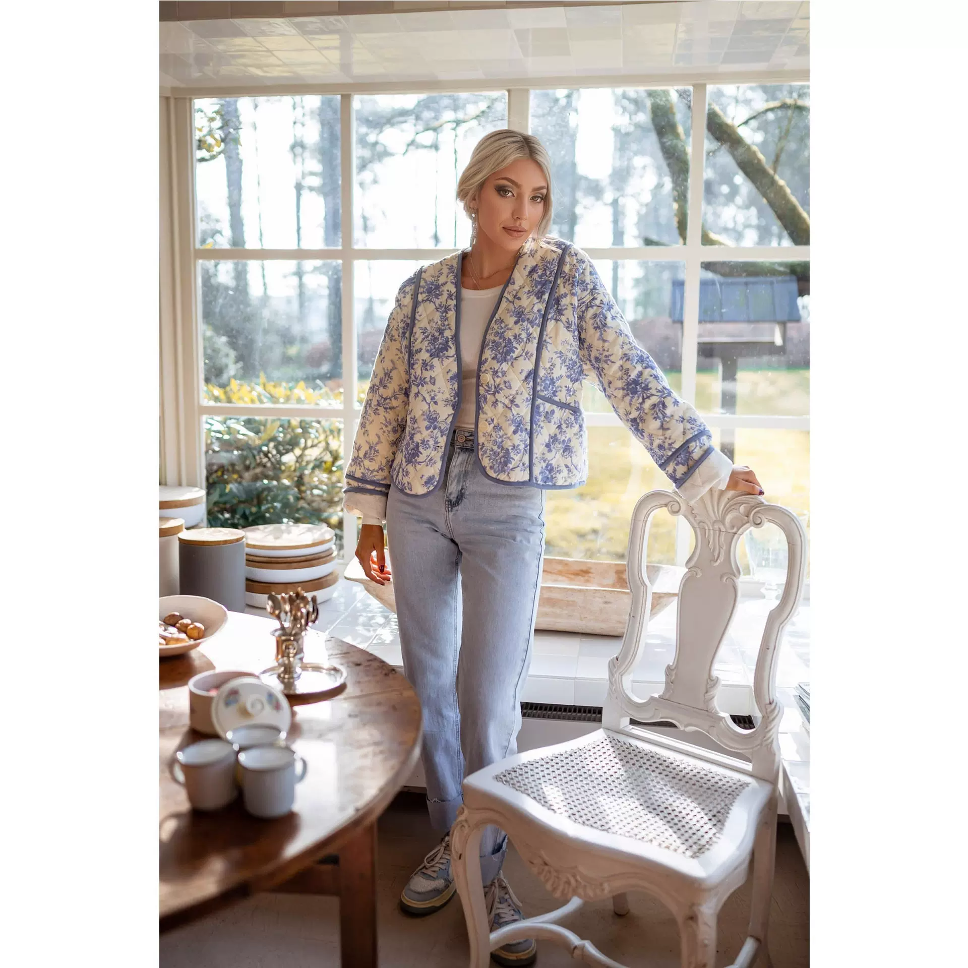 欧美跨境2025年秋冬季新款女装V领爆款法式复古印花百搭棉衣外套