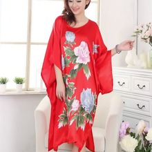蝙蝠袖大码仿丝绸大版型印花圆领睡裙居家睡裙一件代发