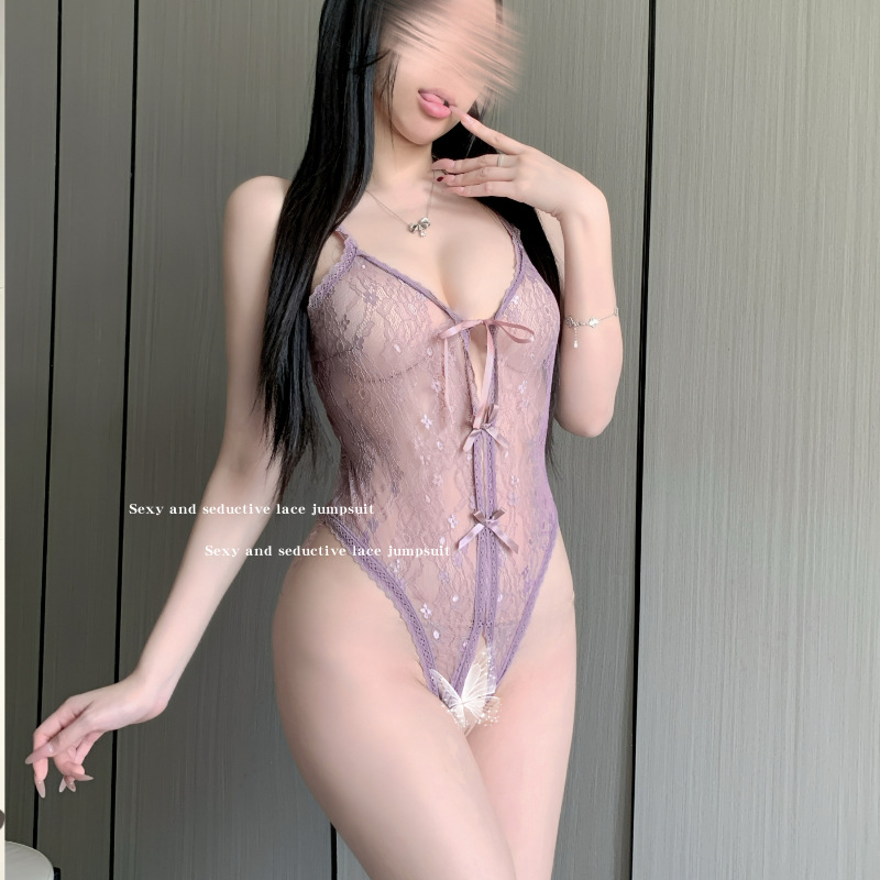 Sexy Lingerie, Sexy Lace Suspender Jumpsuit, Pure Desire, Transparent Open Satin Outer Robe, Flirting Temptation Pajamas