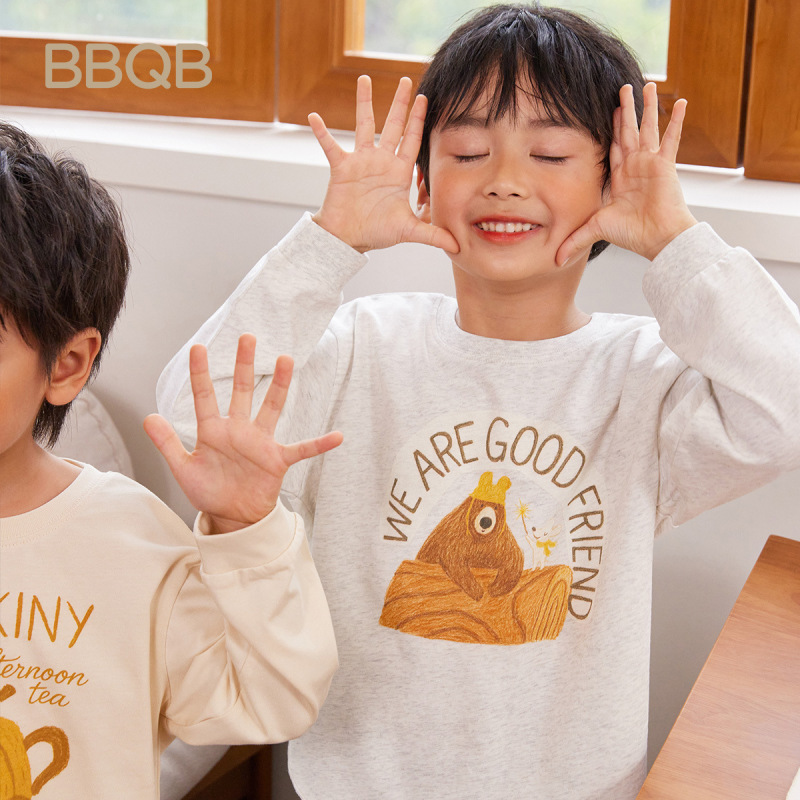 Bbqb Kidsren's T-Shirt Pure Cotton Type a 2026 New Style Girls' Spring Tops Round Neck Boys' Long-Sleeved Shirts Baby Clothes