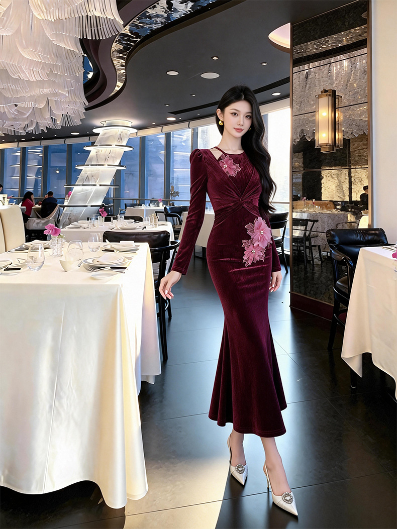 Đầm ôm body nữ thiết kế rỗng hoa lập thể phong cách Pháp — màu sắc chi tiết 4