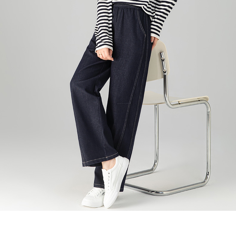 Quần jeans ống thẳng cạp chun dáng rộng suông cho nữ — màu xanh denim chi tiết 5