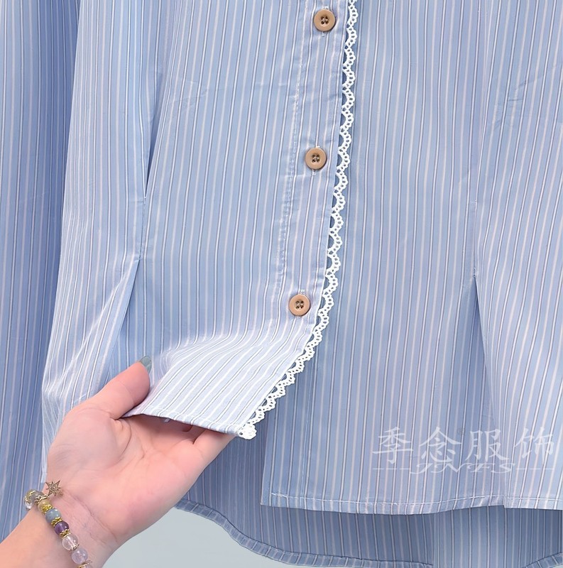 棉浅蓝色竖条纹棉衬衫女短款2025秋季新品时尚洋气上衣潮|undefined