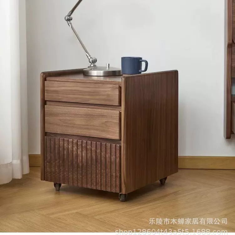 黑胡桃木床头柜全实木轻奢可移动床边柜北欧卧室储物柜客厅收纳柜