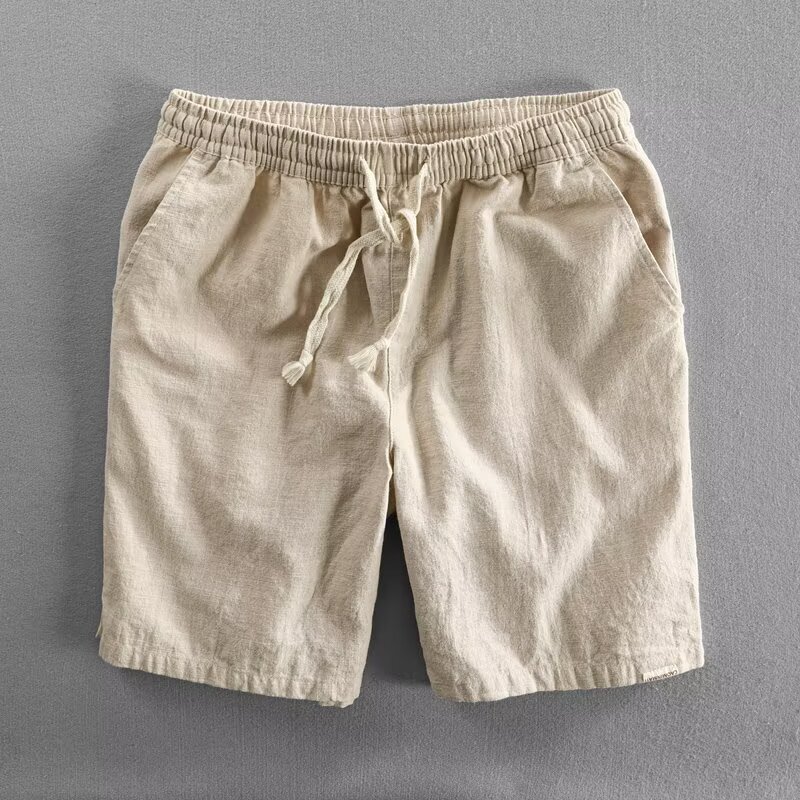 Summer Lightweight Breathable Ramie Shorts Solid Color Simple Elathe Drawstring Linen Cotton Beach Casual Loose Pants for Men