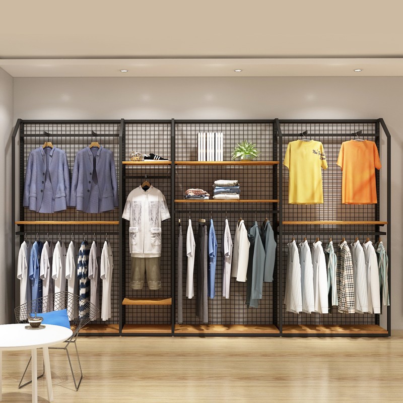 Tienda de celebridades en línea tienda de ropa para hombres estante estilo industrial malla metálica tablero columna tienda de ropa estante de exhibición tipo de piso