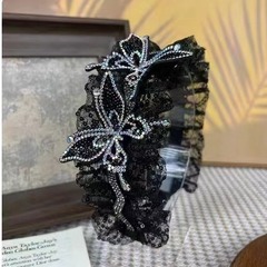 源頭新款鏤空多彩蝴蝶發箍水鑽亮片網紗頭飾高顱頂寬邊褶皺防滑