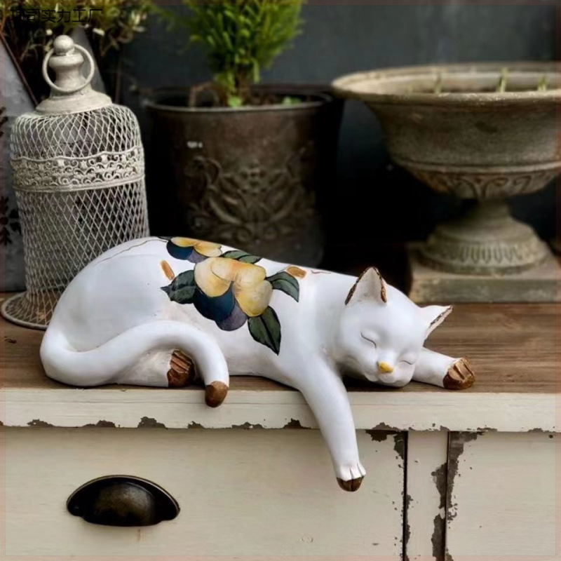 クリエイティブな庭の中庭手描きの怠惰な眠っている猫樹脂装飾品装飾造園バルコニー花スタンドデスクトップ装飾品|undefined