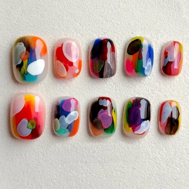 Artistic oil painting color block press-on nails, abstract color-blocking gradient, niche beauty fake nail patches, direct wholesale from factory