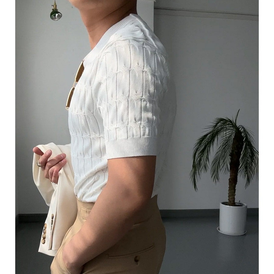 Herren-Poloshirt in schmaler Passform, koreanischer Stil, einfarbig, lässiges Kurzarm-Top, trendiges Strickoberteil für den Sommer_voghion.com