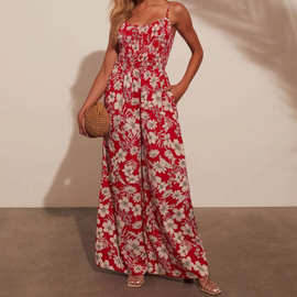 2025年欧美跨境亚马逊新款女装高腰度假风花朵印花吊带连体裤女