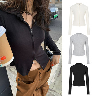 American Style Double Zipper Jacket Anti-strip Top Women's Vertical Collar Slim-fit Waist-cut Cardigan