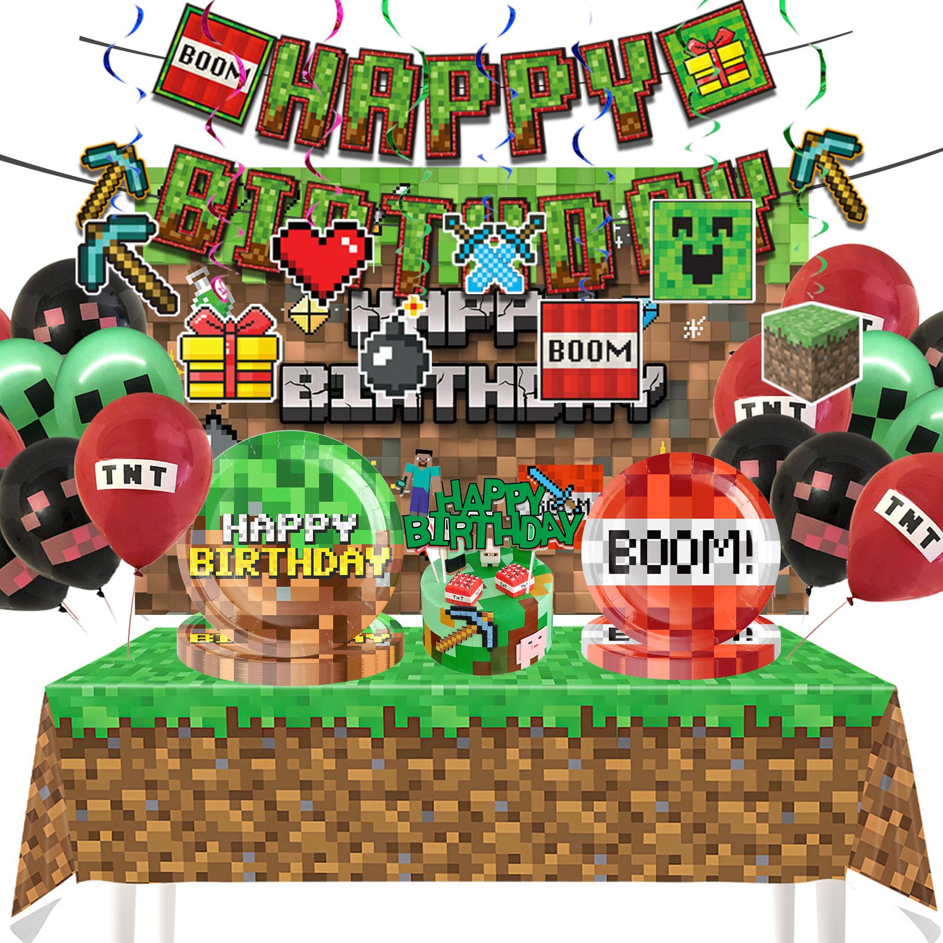 New Cross-Border Minecraft Pixel Wars Birthday Decoration Tableware Set Children's Party Decoration Party Decoration
