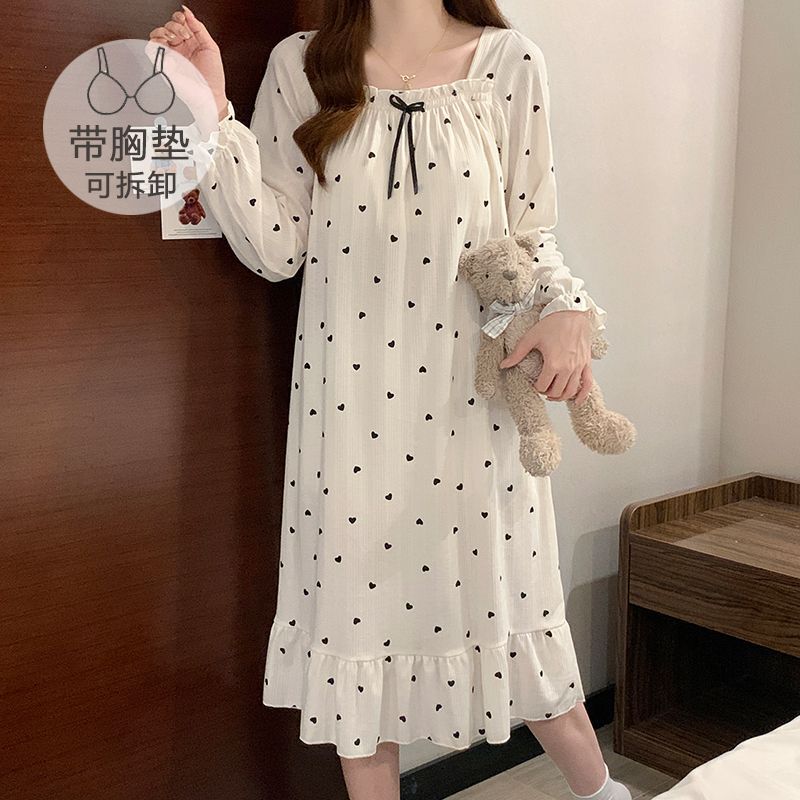 Women's spring and autumn princess-style cotton long-sleeve plus-size nightgown with built-in chest pads, suitable for plus-size women, can be worn as home wear and can be worn outside Women's spring and autumn princess-style cotton long-sleeve plus-size nightgown with built-in chest pads, suitable for plus-size women, can be worn as home wear and can be worn outside