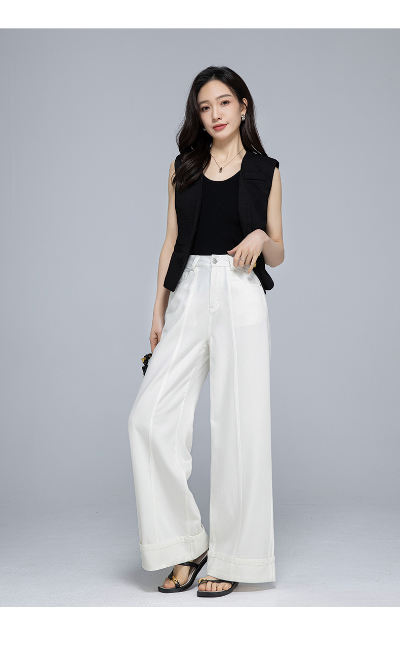 Quần jean ống rộng nữ cạp cao vải Tencel cotton mềm mại, dáng suông rộng, gấu xắn, mỏng nhẹ mùa hè — Màu trắng chi tiết 29