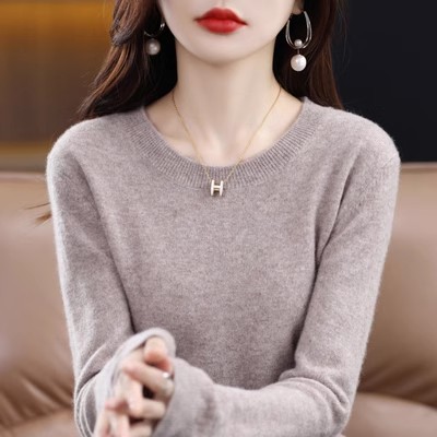 Suéter Básico de Lana Pura con Cuello Redondo para Mujer Talla Grande Lana Pura Suelto