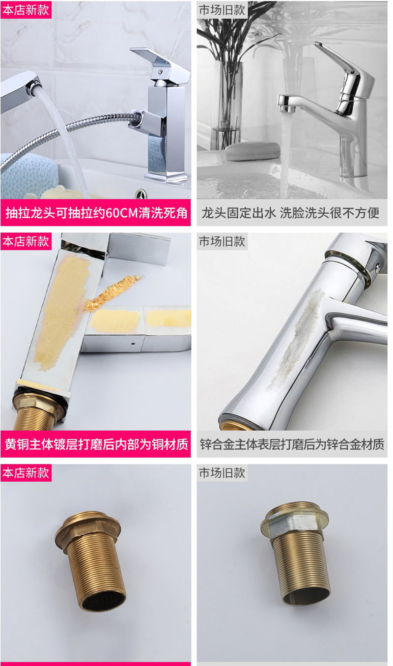 All-copper pull-out bathroom, household washbasin, cold and hot water faucet, countertop basin, sink, washbasin, black faucet undefined