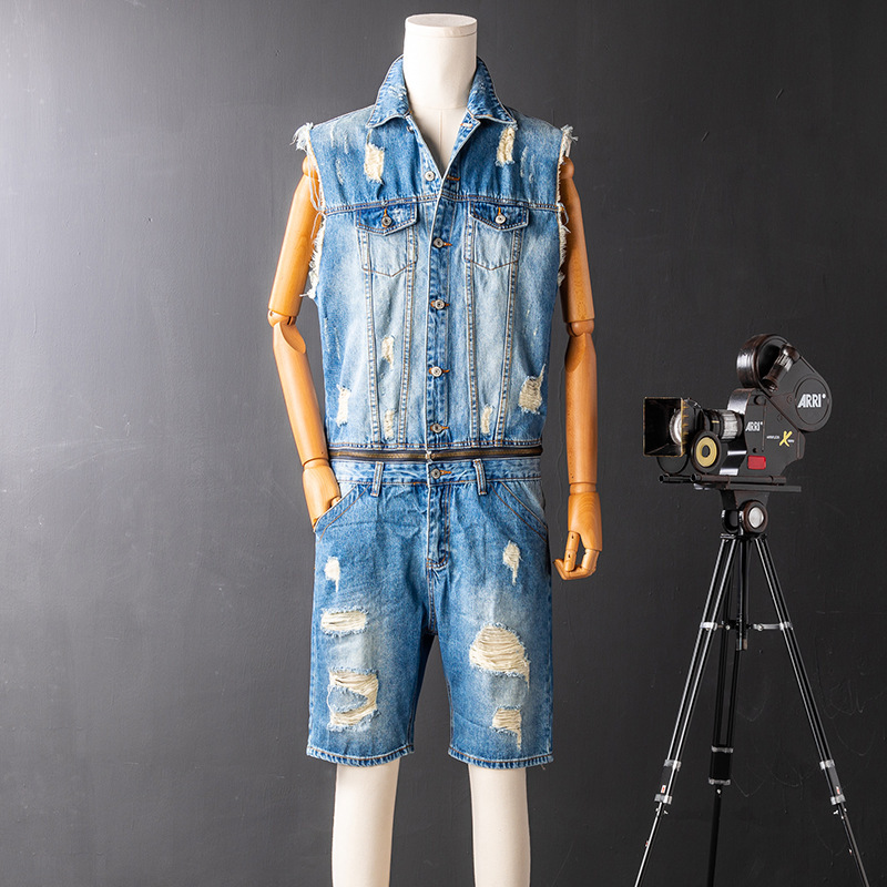 Nostalgic Retro Detachable Denim Jumpsuit Men's Trendy Brand Personalized Waistcoat Ripped Vest Suit Men's Jumpsuit