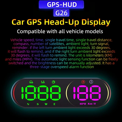 Cross-border popular car HUD head-up display, GPS universal multifunctional speedometer with steering ambient lighting (Vehicle HUD) - g26-multifunctional-colorful-speedometer