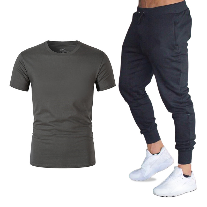 Traje de verano, ropa deportiva, conjunto de dos piezas de camiseta holgada de manga corta y pantalones largos para hombre, camiseta Gildan deportiva de moda