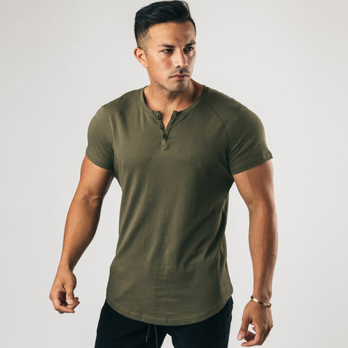 Muscular man cotton round neck T-shirt sports short-sleeved Henley shirt European and American style tough guy fitness training button-down shirt V-neck