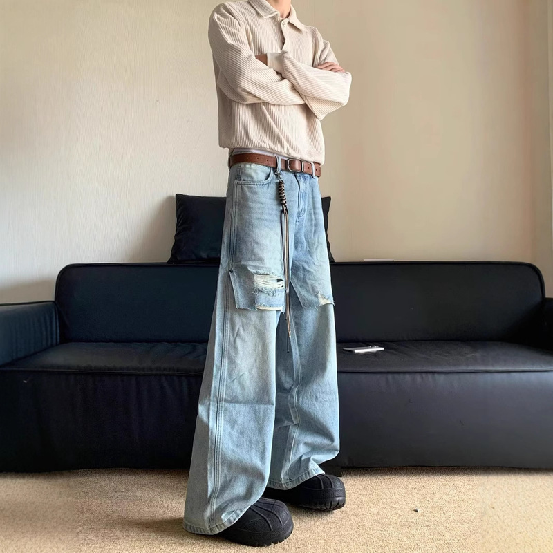 American Style Retro Cut-off Pocket light blue Jeans Men's High Street Hip-hop Stacked Design Straight Loose Long
