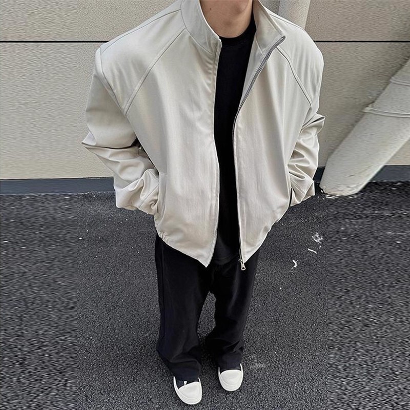 American Stand-Up Collar Bomber Jacket Men's Short Splicing Design Shoulder Pad Jacket Cleanfit High Street Baseball Uniform American Stand-Up Collar Bomber Jacket Men's Short Splicing Design Shoulder Pad Jacket Cleanfit High Street Baseball Uniform