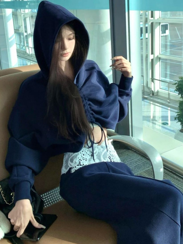 休闲套装藏蓝色修身长袖短款T恤女春季2025新款a字半身裙子两件套|undefined