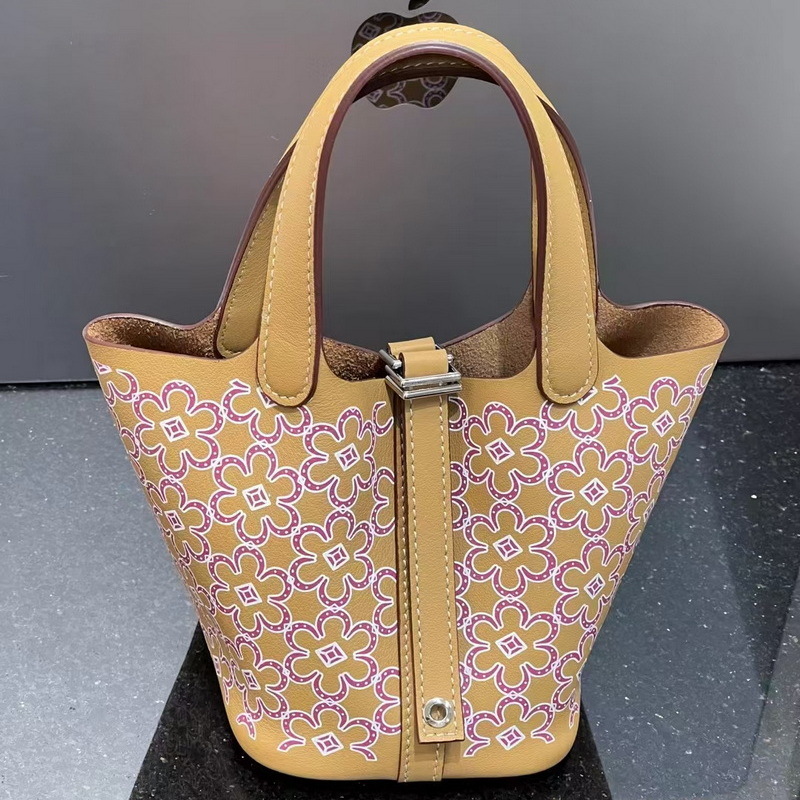 2024 Neue echte Lederkopfschicht Rindsleder Mini-Gemüsekorb Siebdruck Blumeneimer Kordelzug Offene Damentasche_voghion.com