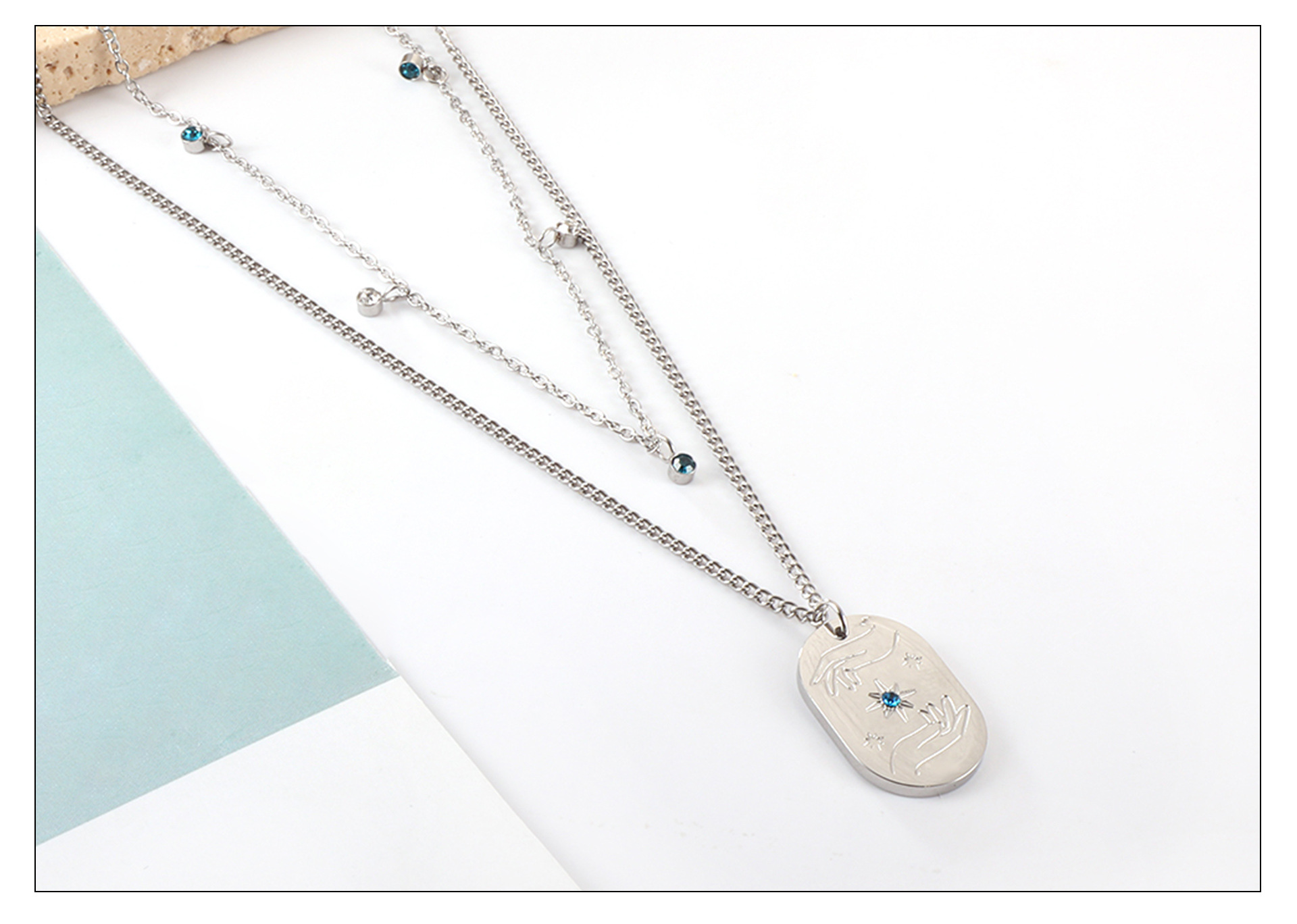 Retro Square Star Oval Stainless Steel Inlay Rhinestones Necklace