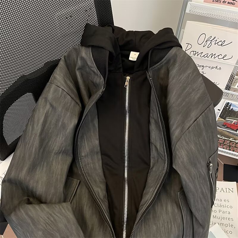 Primavera y otoño ropa de béisbol retro americana suelta corta pareja sombrero chaqueta de textura de cuero pu falso abrigo de dos piezas