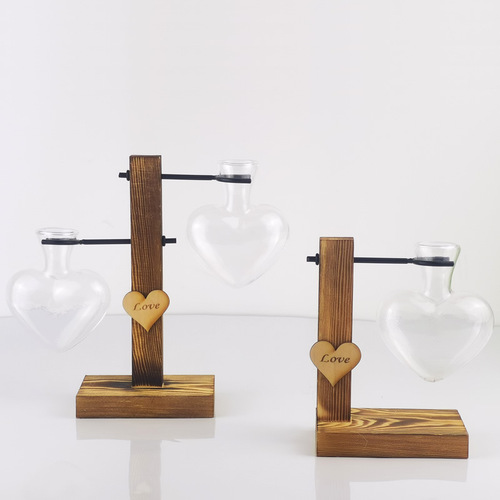 Creative love hydroponic transparent glass vase wooden dry flower flower arrangement container desktop decoration ornaments wooden frame vase