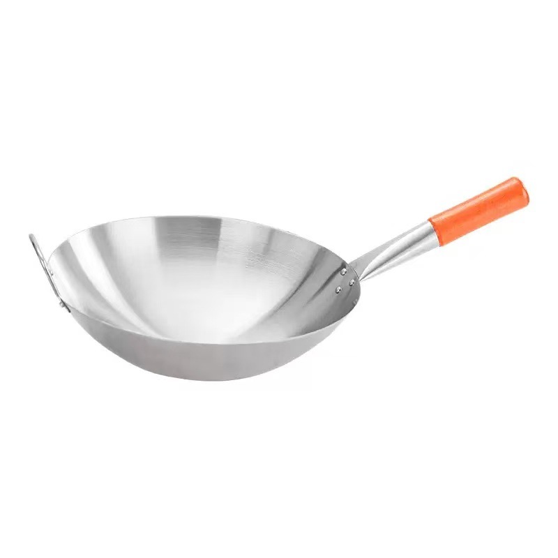 Wok de Fondo Redondo con Mango de Madera de Acero Inoxidable 201 Sin Recubrimiento para Estufa de Gas